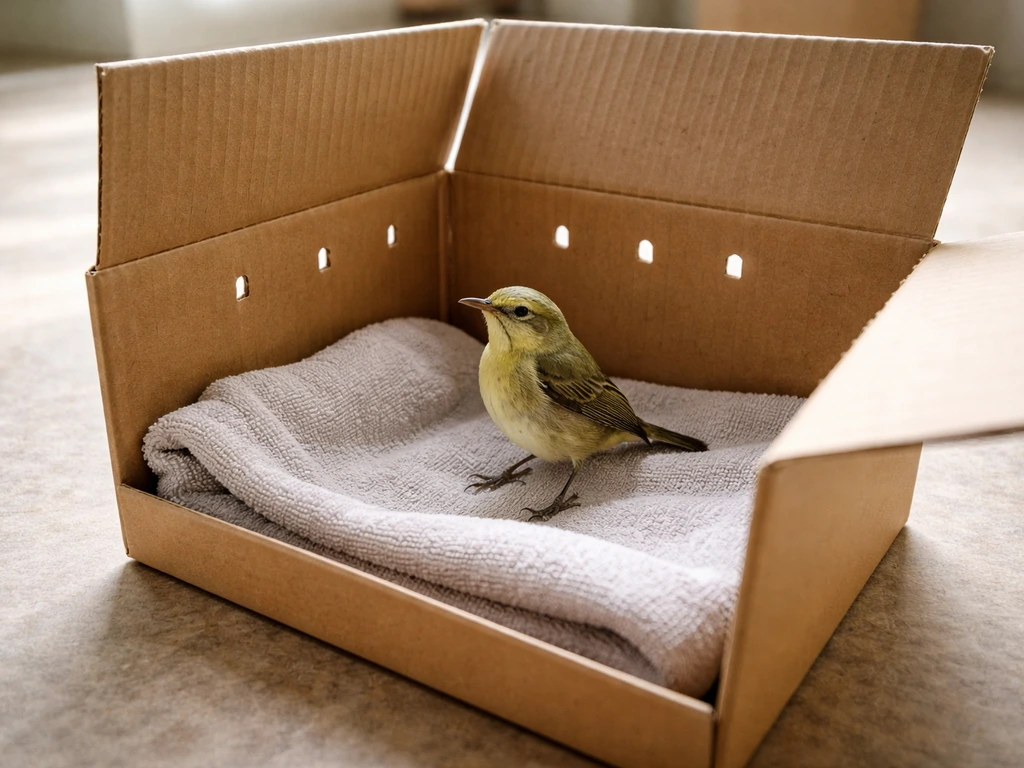 A small ventilated cardboard box lined with a folded towel holding an upright bird safely.