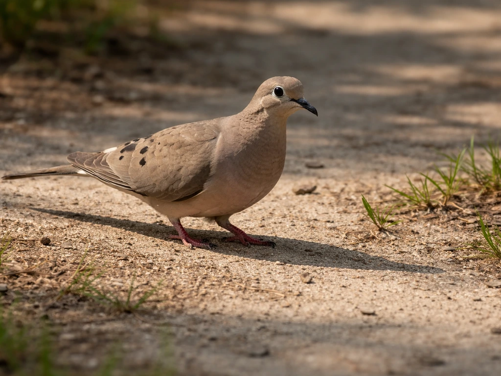 Mourning dove foraging on open ground, head raised and alert, wary of movement and shadow.