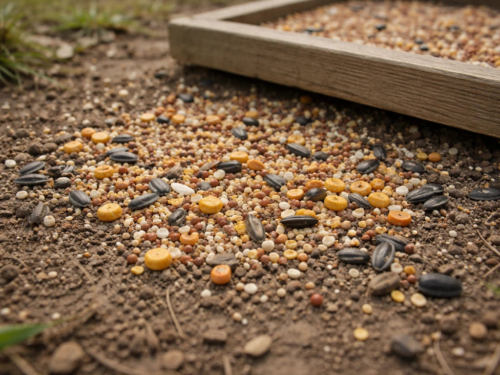 Close-up of spilled millet, cracked corn, and sunflower seeds on the ground beside a low platform feeder.