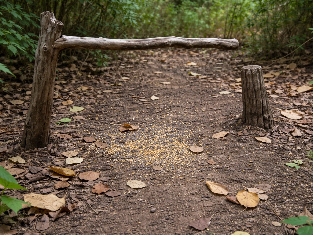 A dove landing on an elevated bare limb near a simple feeding setup, scanning the area.