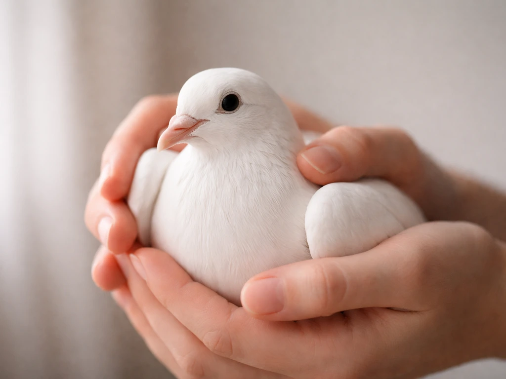 Close-up of gentle hands cupping a calm dove, showing a relaxed, proper cradle hold