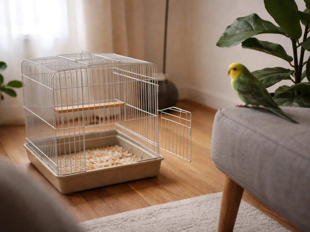 Open birdcage in a quiet room with an untamed bird perched at a safe distance.
