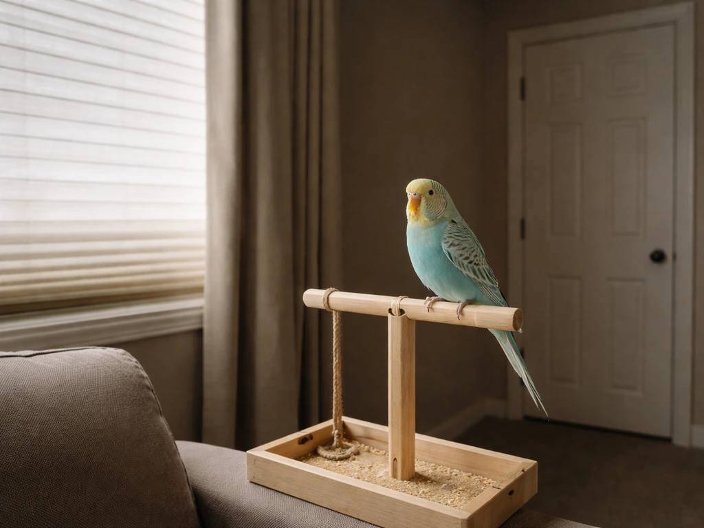 A small pet bird inside a quiet room with windows covered by closed blinds and doors shut