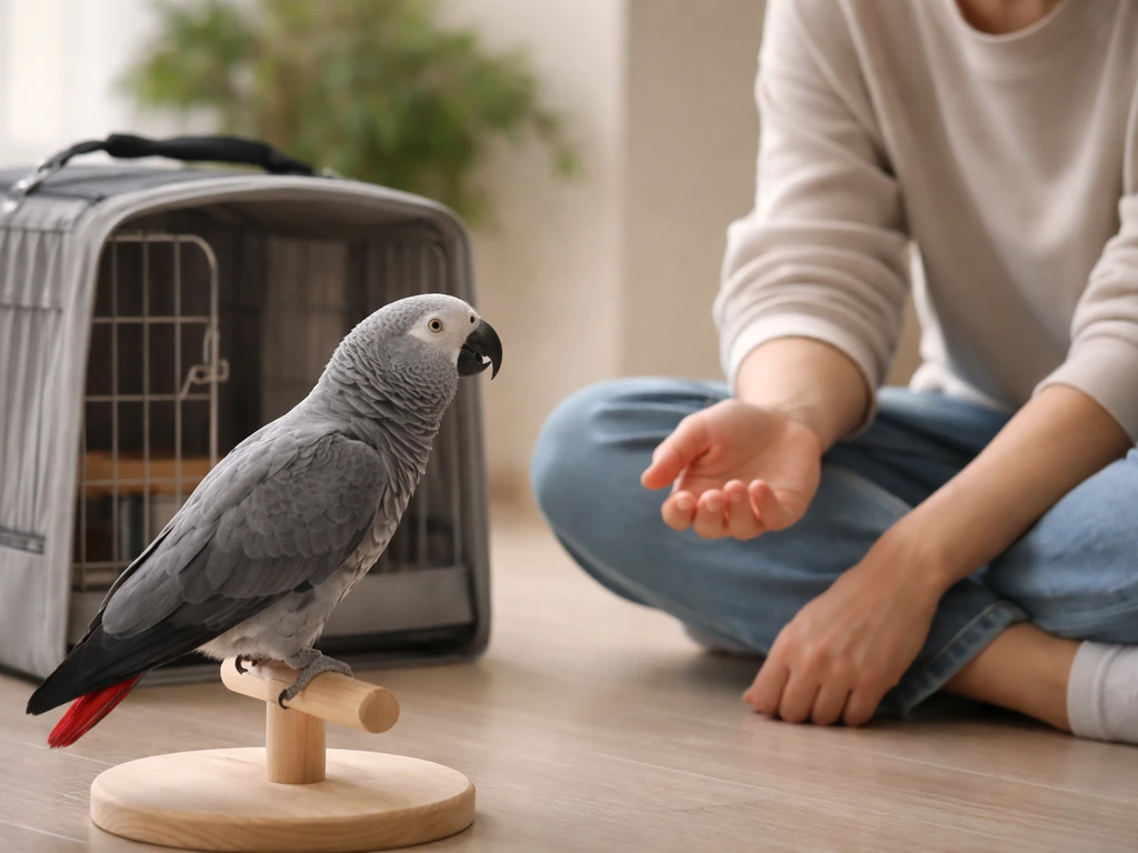 Person seated on the floor at bird height, offering a cage cue as an African grey parrot perches nearby.