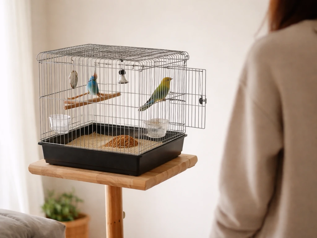 Budgie cage high in a bright room with millet visible; door open as a person steps away.