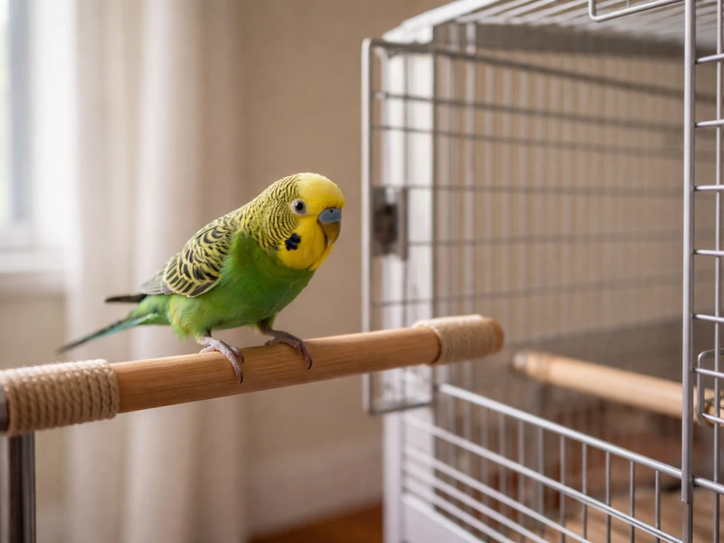 Small parrot stepping onto a perch near an open cage door during a calm daily training routine.