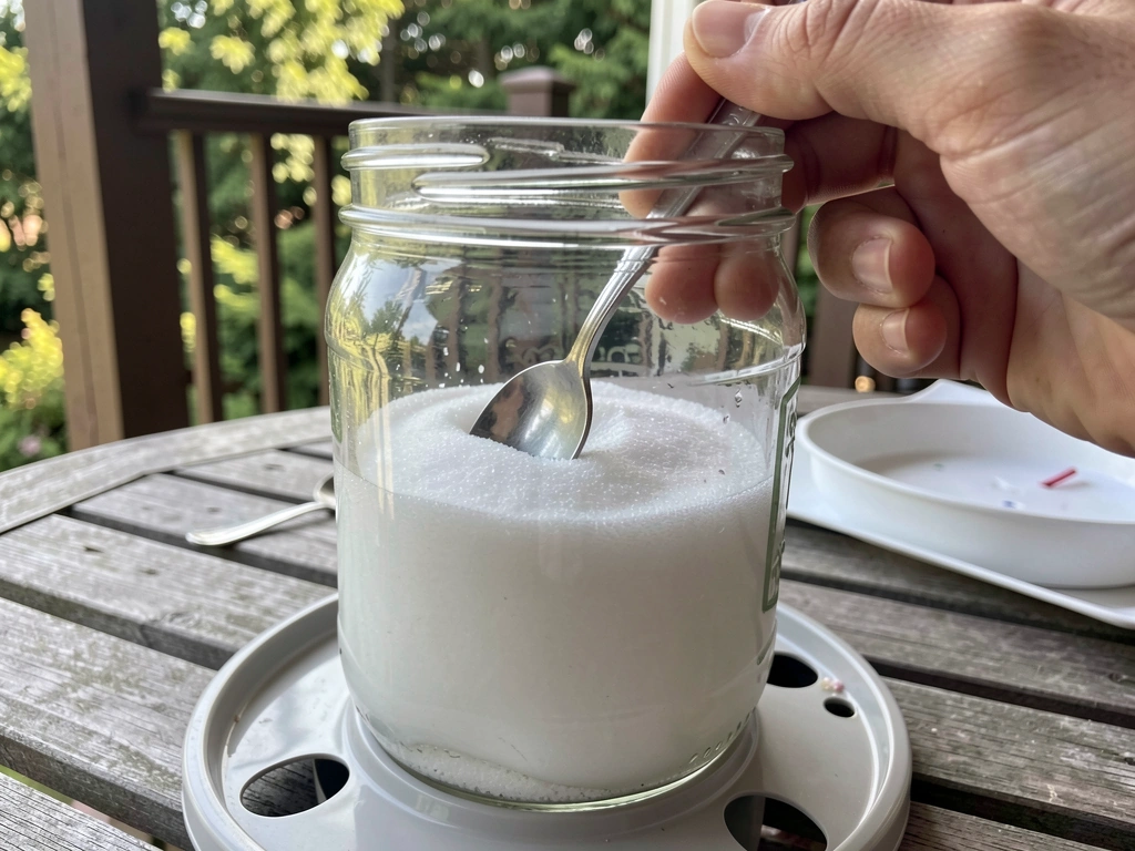 Mixing plain sugar-water nectar in a jar for an oriole feeder.