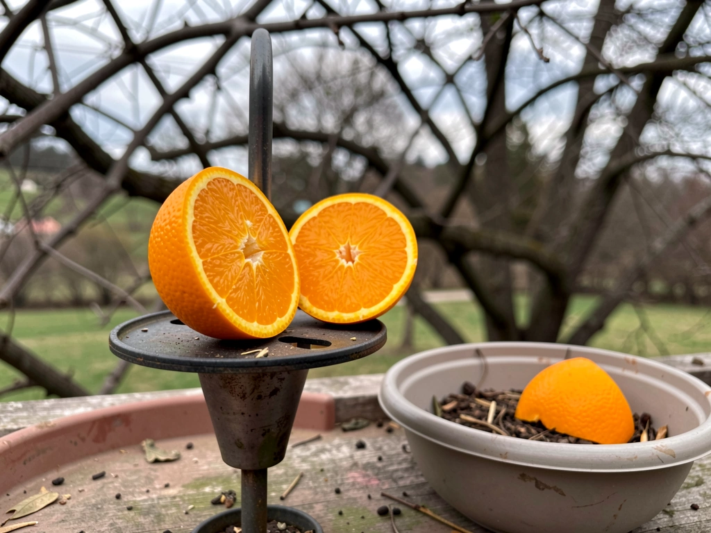 Fresh orange halves placed on an oriole fruit feeder spike.