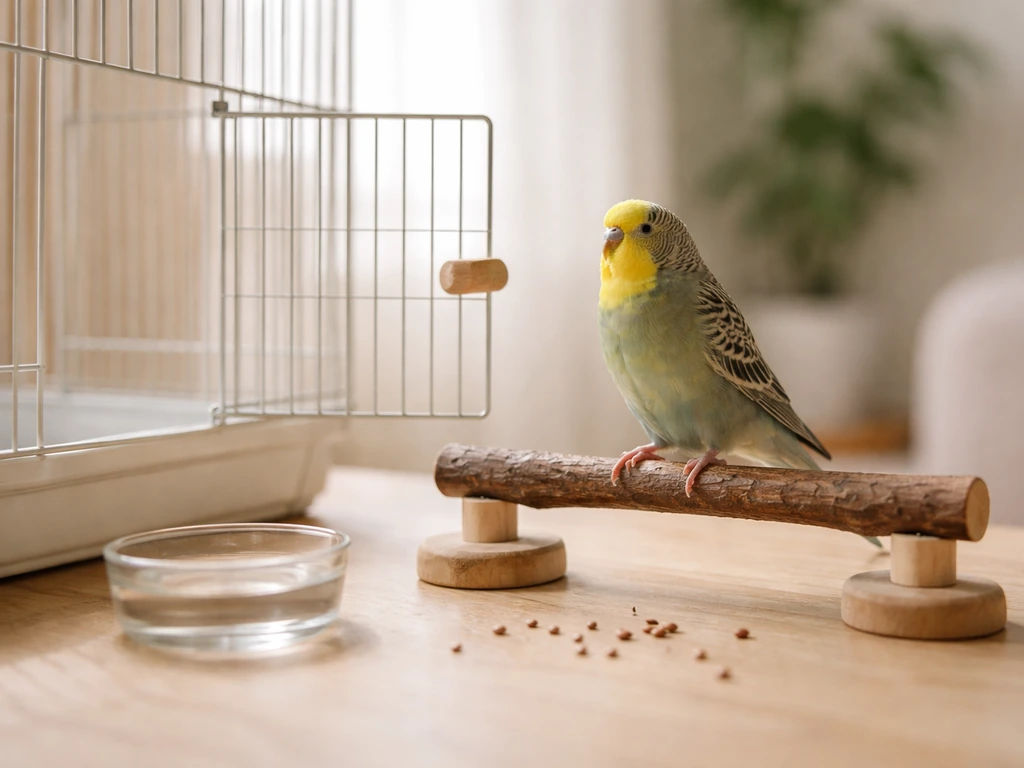 Small songbird calmly perched near an open cage door on a simple wooden stand in natural light.