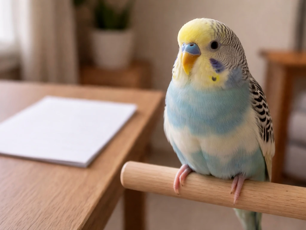 Close view of a small pet parrot on a perch with a blank paper checklist beside it.