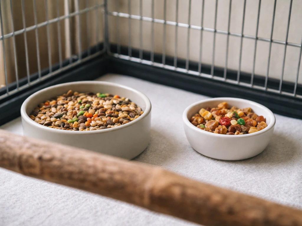 Close-up inside a bird cage showing separate food dish, perches, and a small training treat bowl