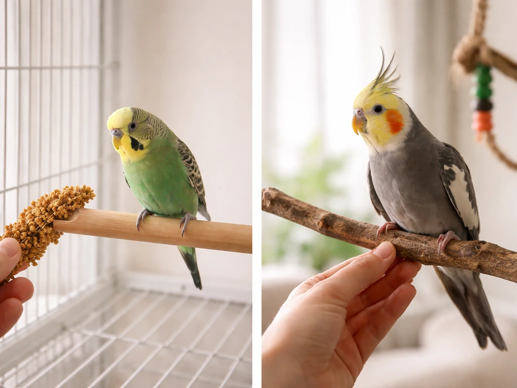 Two side-by-side bird setups: millet cue for a budgie and a perching cue for a cockatiel.