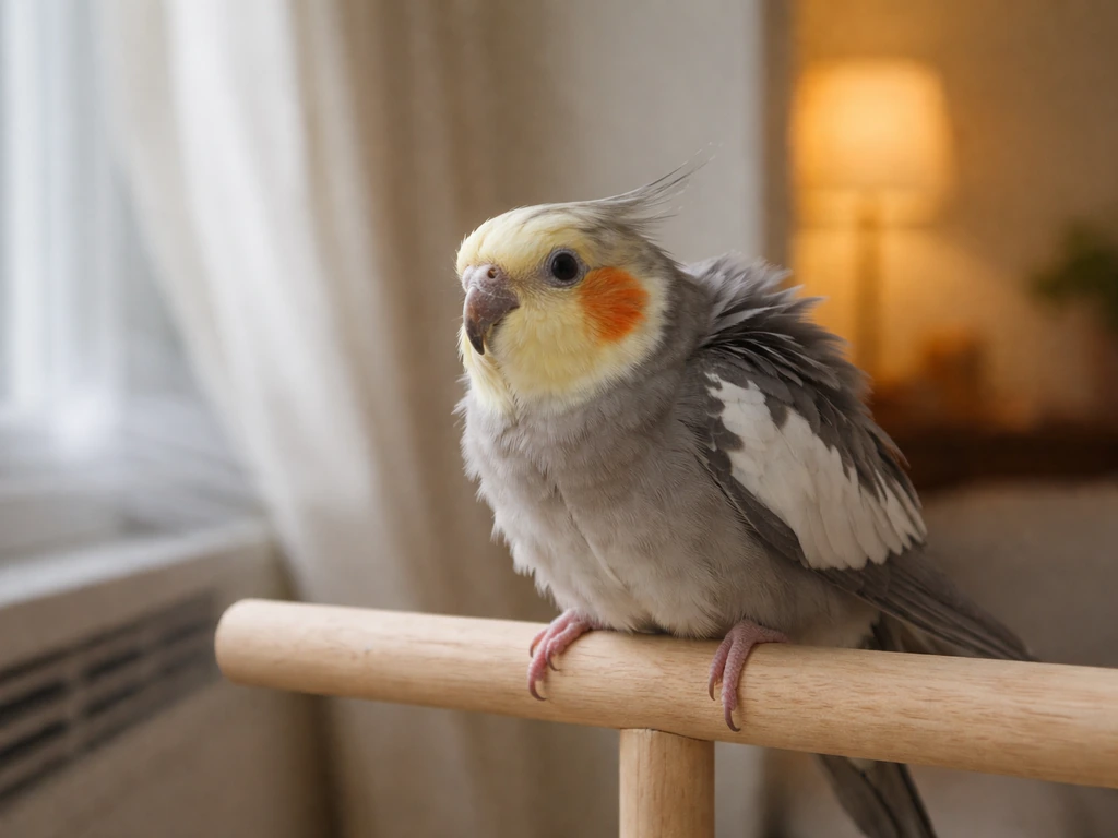 Small pet bird with fluffed feathers and hunched posture, signaling stress in a quiet room