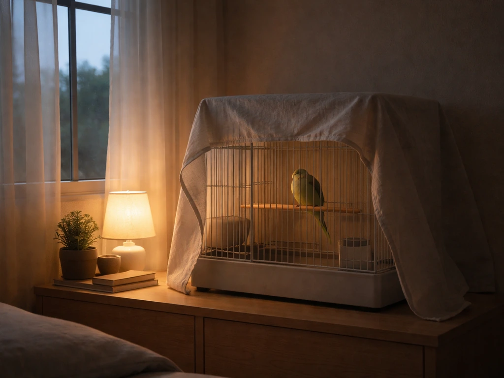 Small pet bird roosting on a perch under a breathable sleep cover in a dim, calm room at night.
