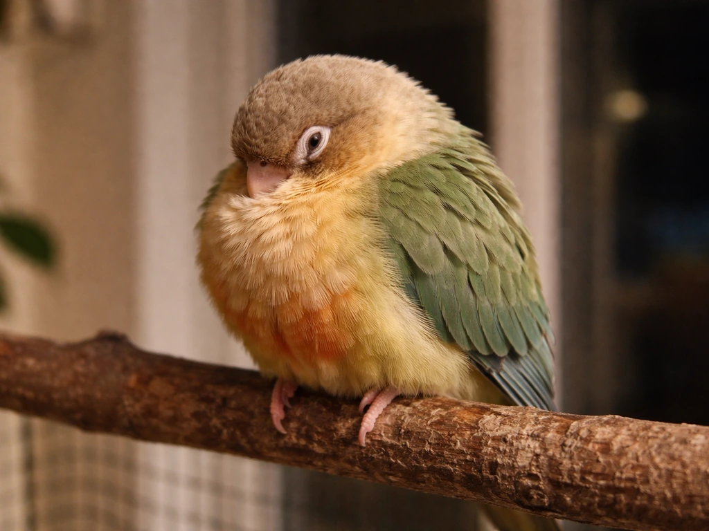 Close-up of a small parrot tucking into a roost on a perch at dusk with subtle posture shift.