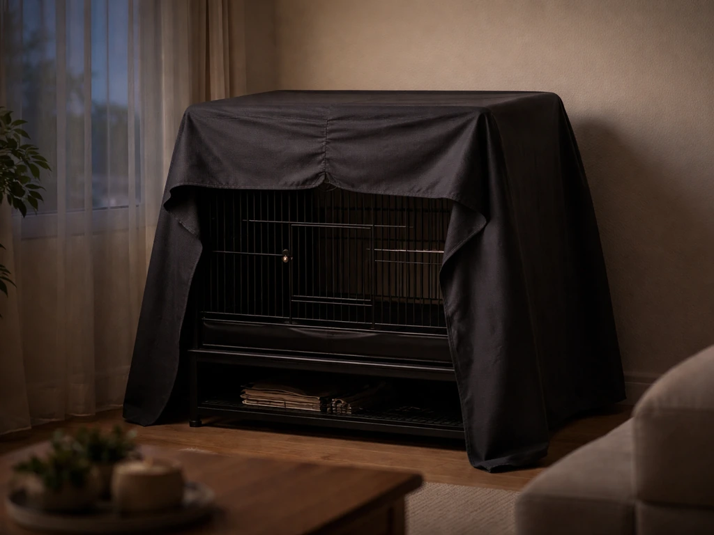 Pet bird cage in a quiet corner with a dark, safely fitted sleep cover for light control