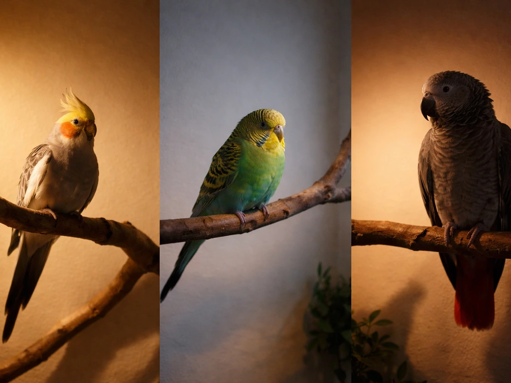 Three parrot species perched at dusk under different warm lighting, showing roost-time contrast.