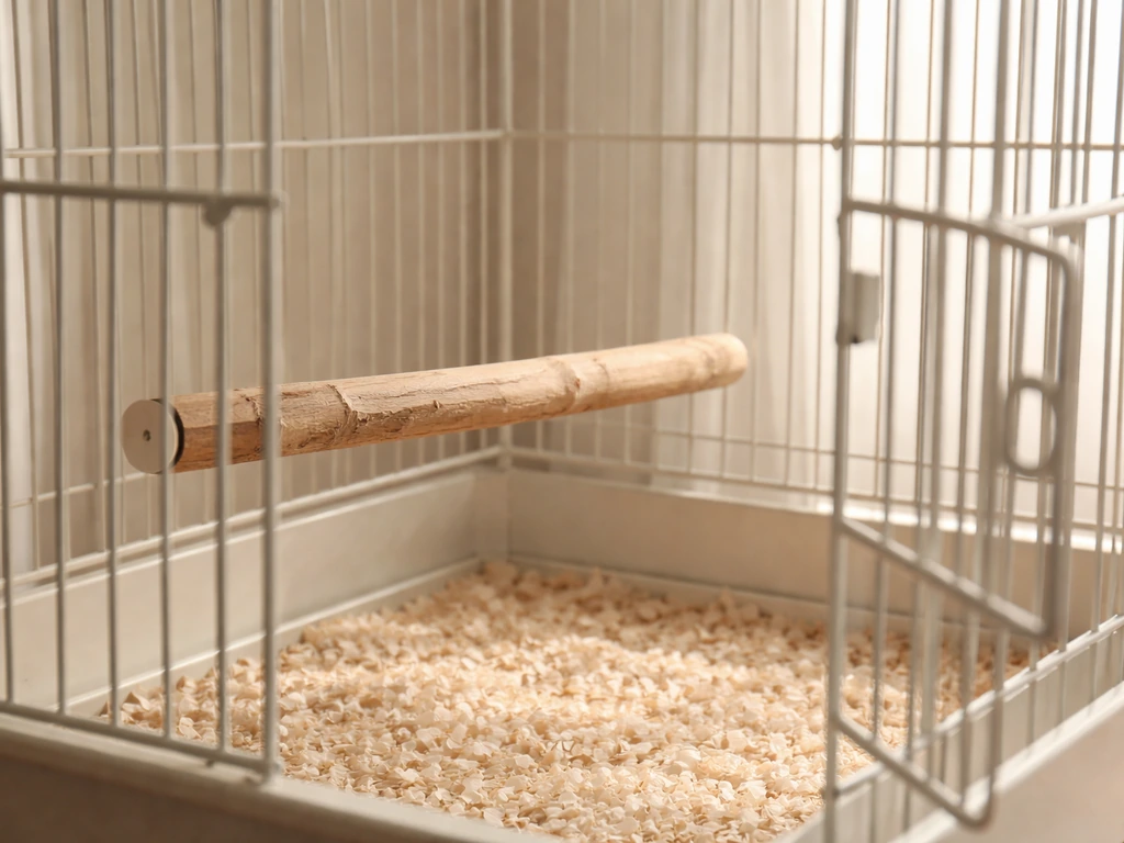 Calm pet bird cage setup with perch and door slightly open in a neutral room, signaling safe trust-building.