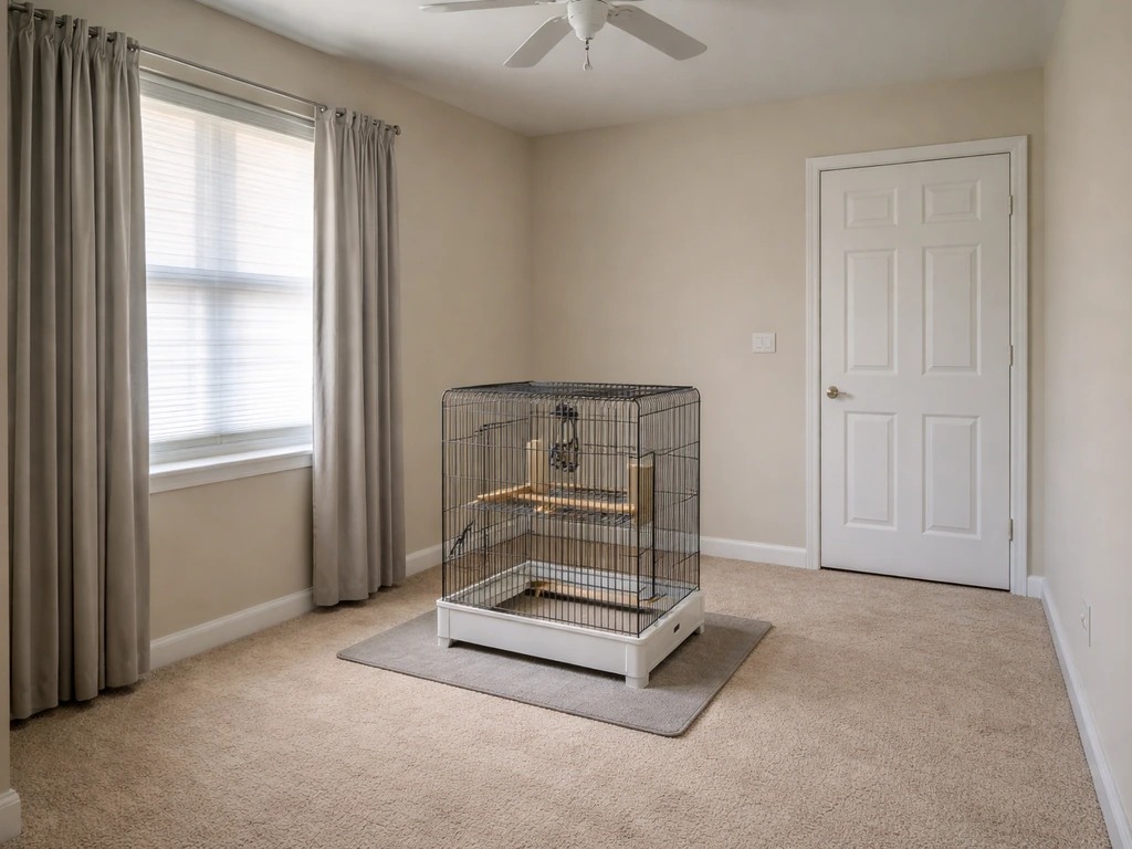 Closed windows and door around a bird cage, with the ceiling fan off and no open water hazards nearby.