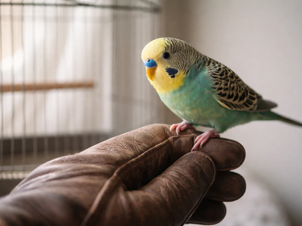 Small pet bird stepping onto a trainer’s gloved hand near an open cage in soft natural light.