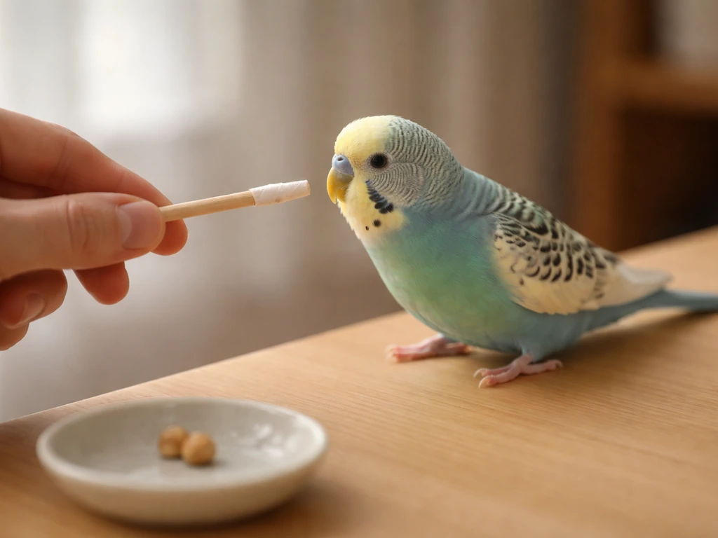 Small target stick held near a calm bird, with a few treats visible on a dish nearby.