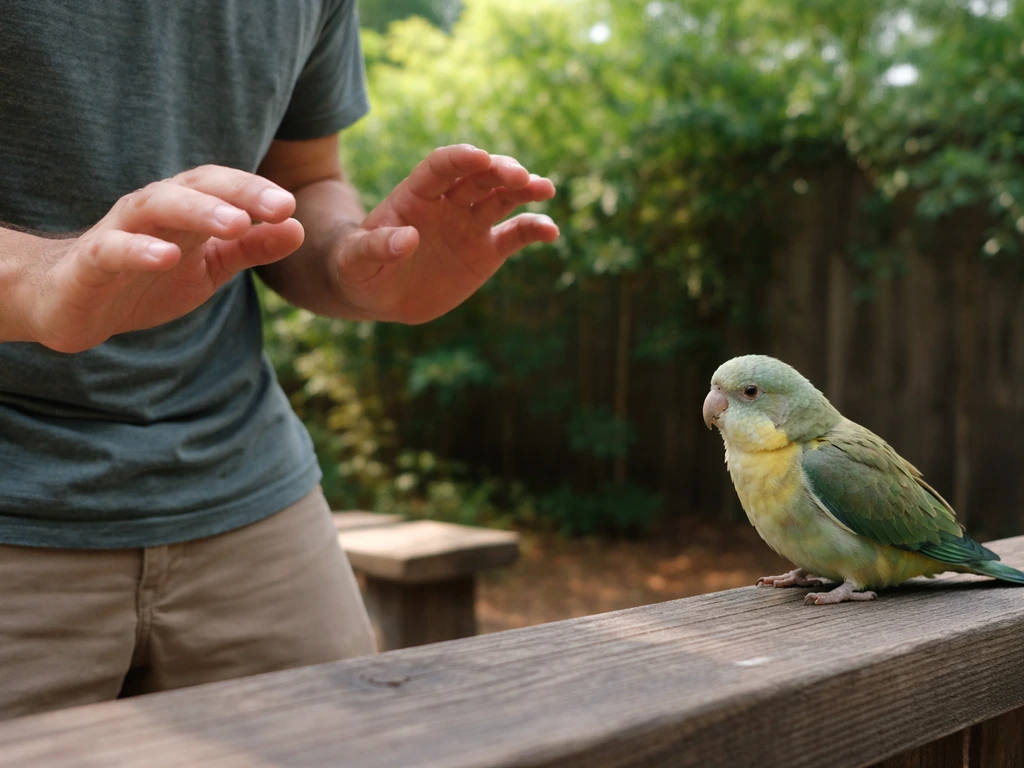 Bird handler steps back calmly with a tense pet bird perched nearby after a bite attempt.
