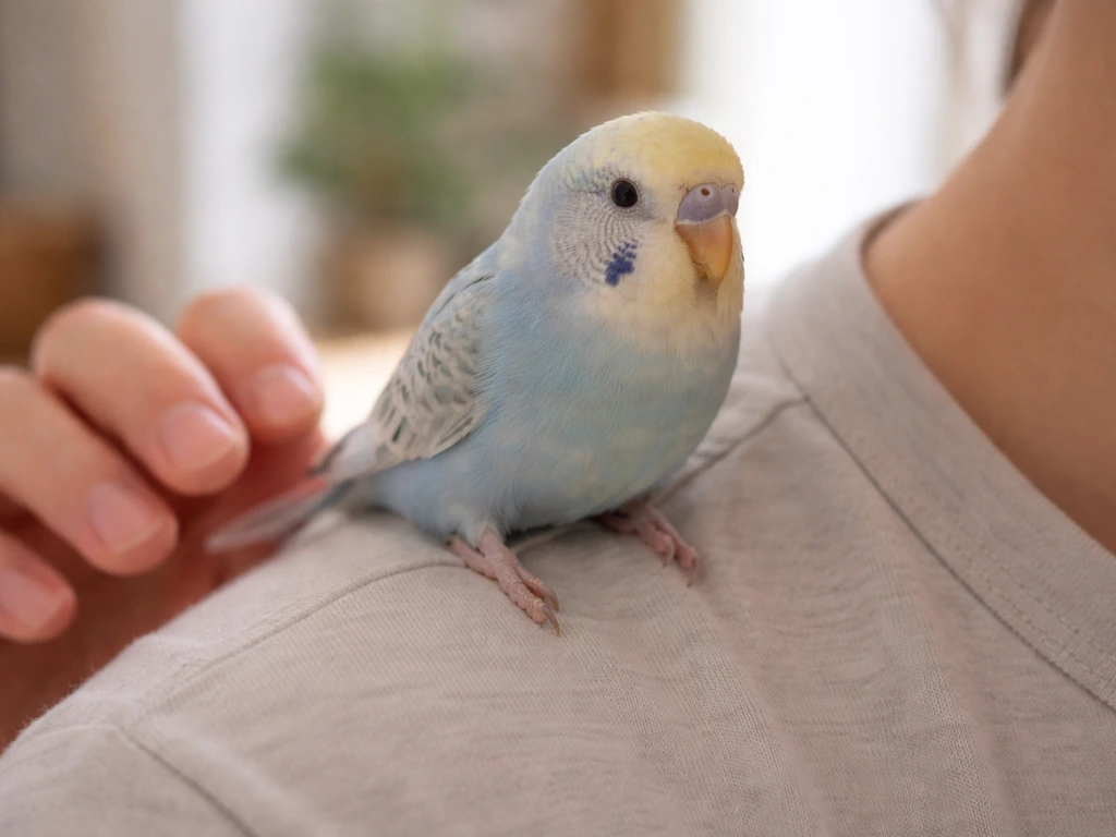Calm small pet bird perched on a person’s shoulder in natural light, safe and gentle training vibe