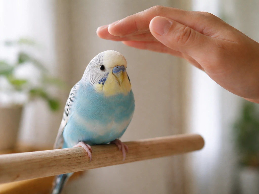 Calm pet bird perched while a handler’s hand hovers gently overhead, suggesting readiness for shoulder training.