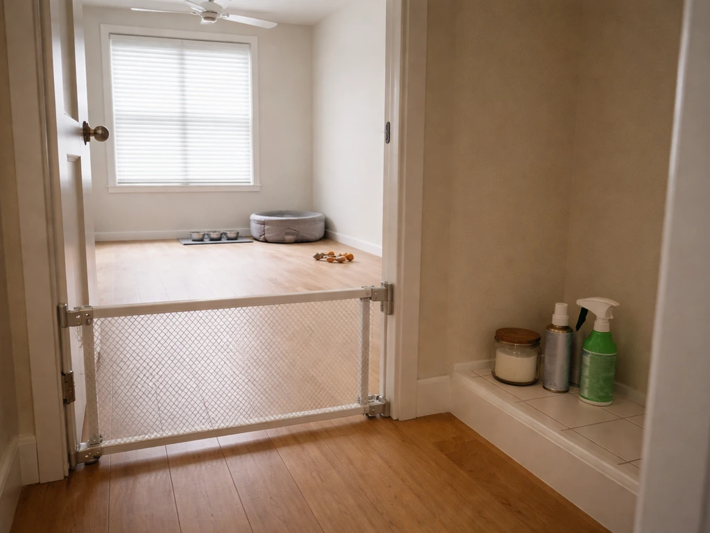 Clean room with closed door and off fan; scented candle and aerosol kept outside the training threshold.
