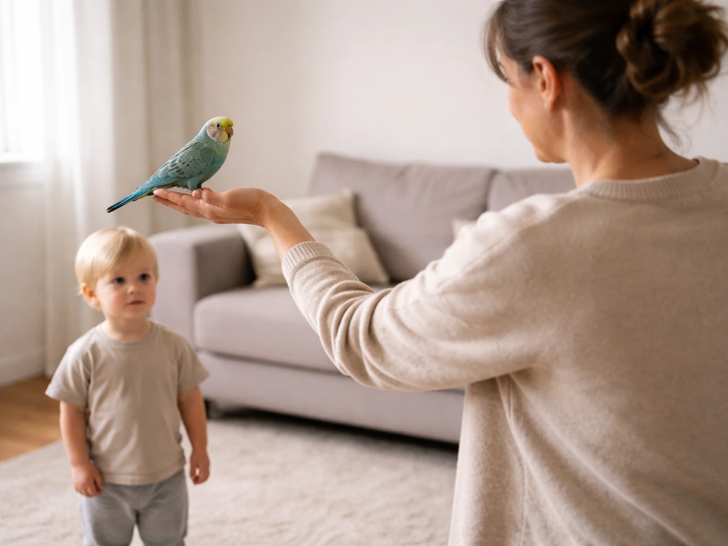 Adult holds a small parakeet on a hand while a child stands at safe distance nearby.