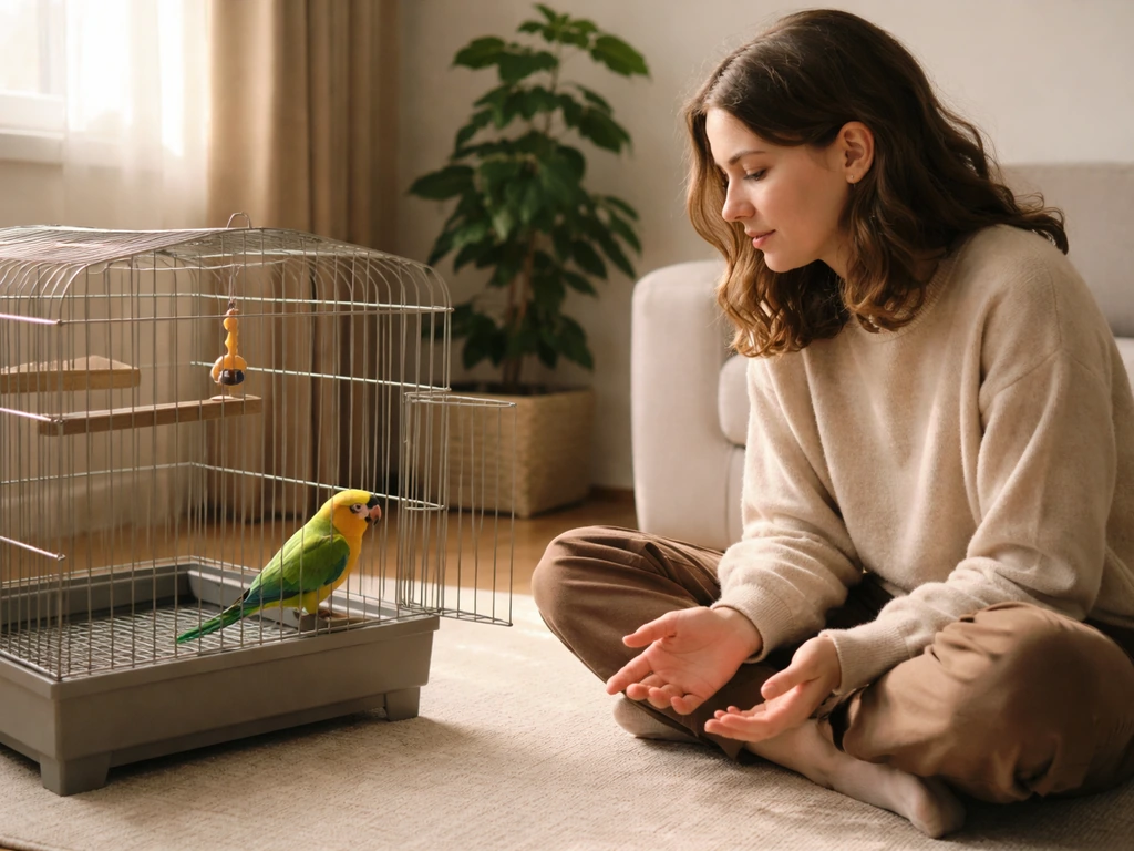 A calm person sits near an open birdcage in a quiet room, showing gentle trust-building distance.