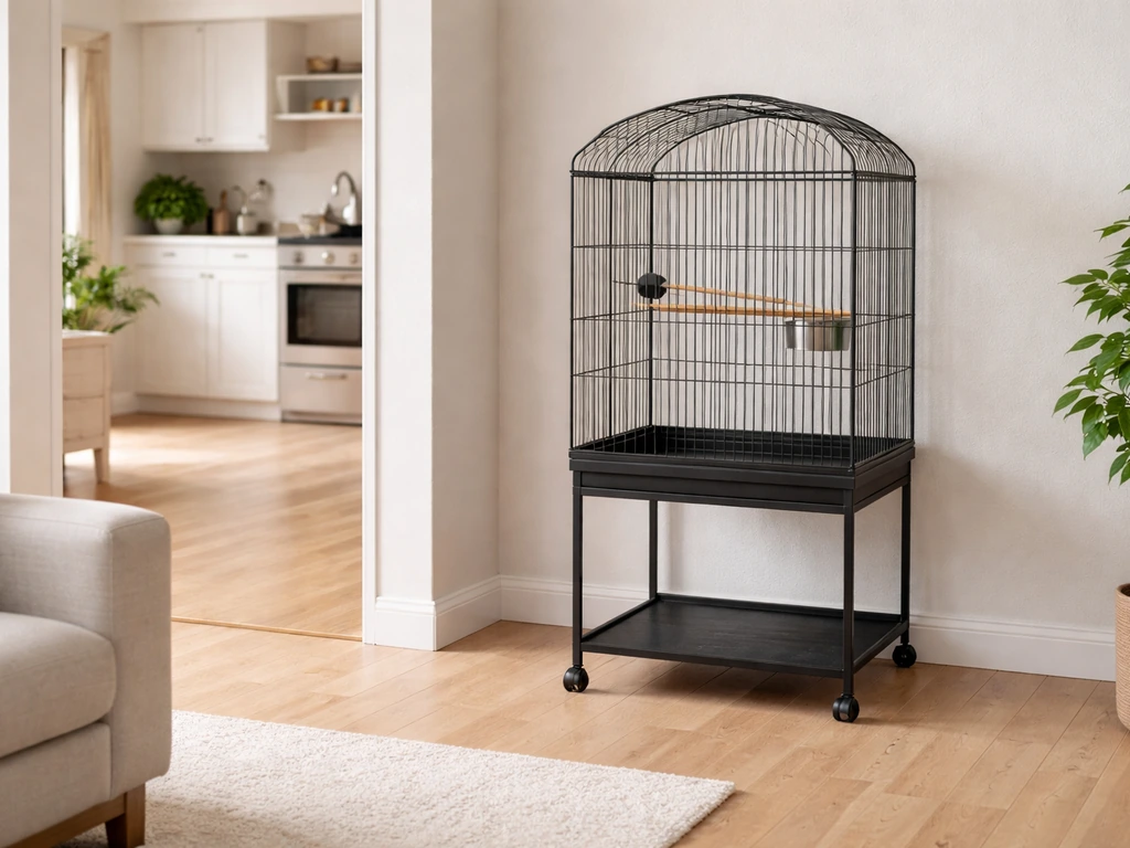 Close-up of a pet bird cage placed in a quiet living room corner, away from the kitchen hazards.