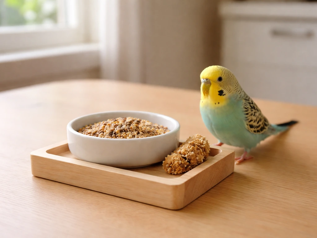 A small bird at a simple feeding station with fresh seed and a nearby treat in natural morning light.