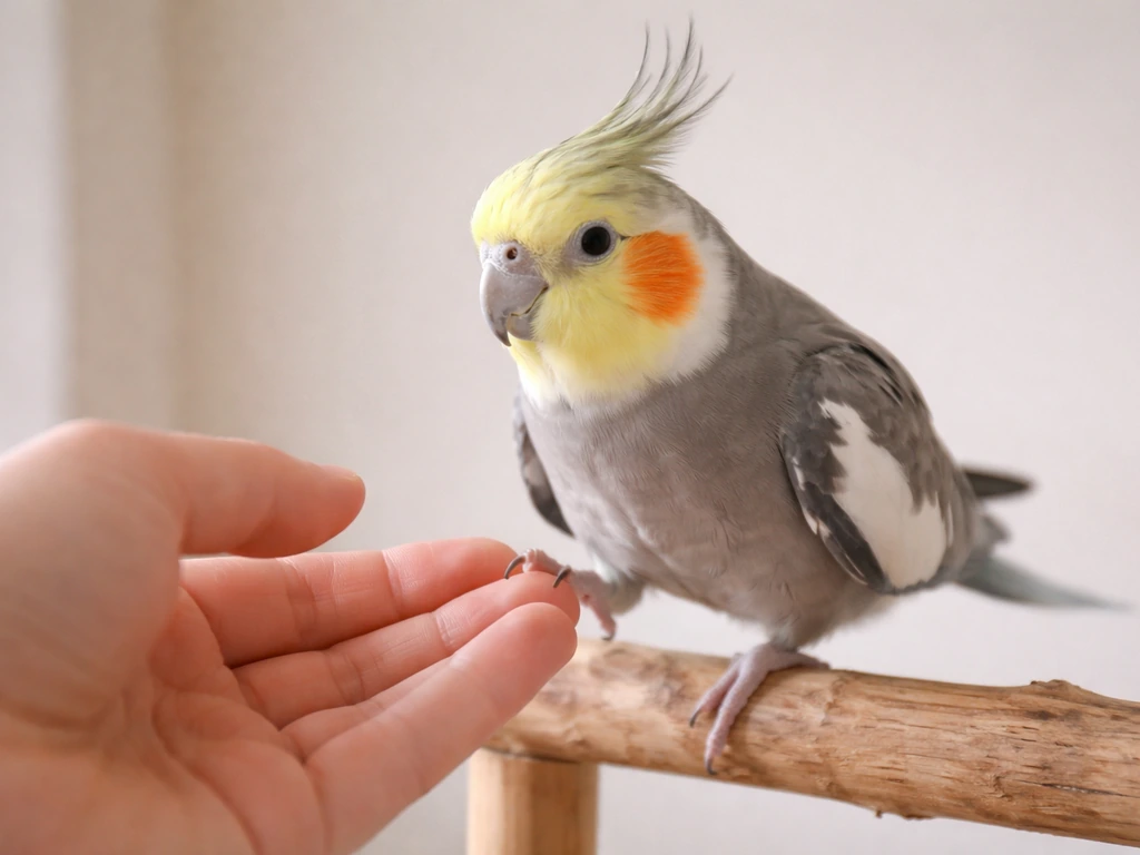 Relaxed cockatiel with fluffed crest approaches a gently offered hand near a simple wooden perch.