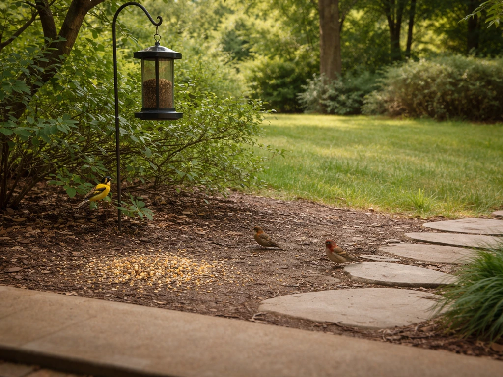 Wild yard birds calmly feeding from seed near a window and bird feeder in a quiet garden yard