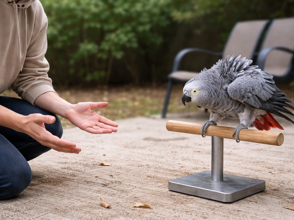 Calm person kneels at a safe distance while an alert, flared pet bird warns aggressively on a perch