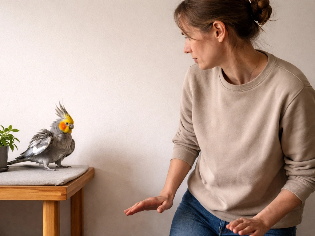 Person calmly freezing and stepping back with hands low beside an agitated pet bird, clear separation.