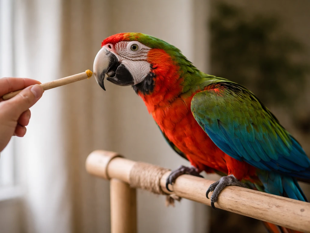 Calm parrot touches a small handheld target stick with its beak to receive a treat.