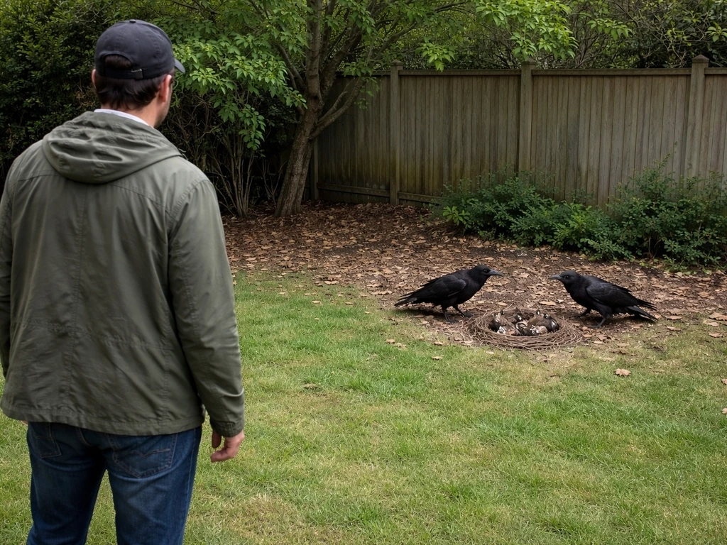 Anonymous person stands at a distance in a yard as defensive crows guard a ground nest area.