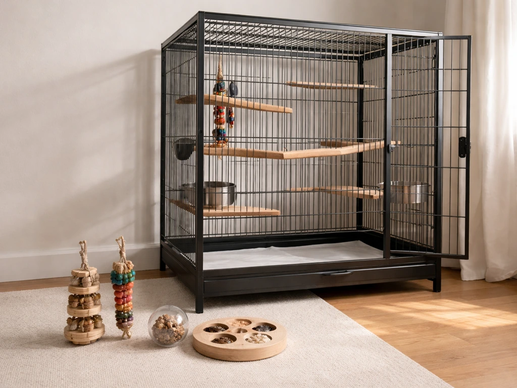 Well-equipped bird cage and play area with perches and neatly arranged enrichment toys