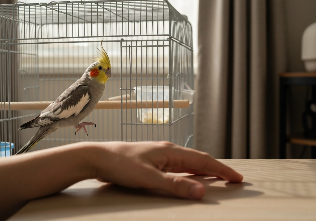 A calm cockatiel inside its cage while a nearby hand rests safely, showing trust-building.