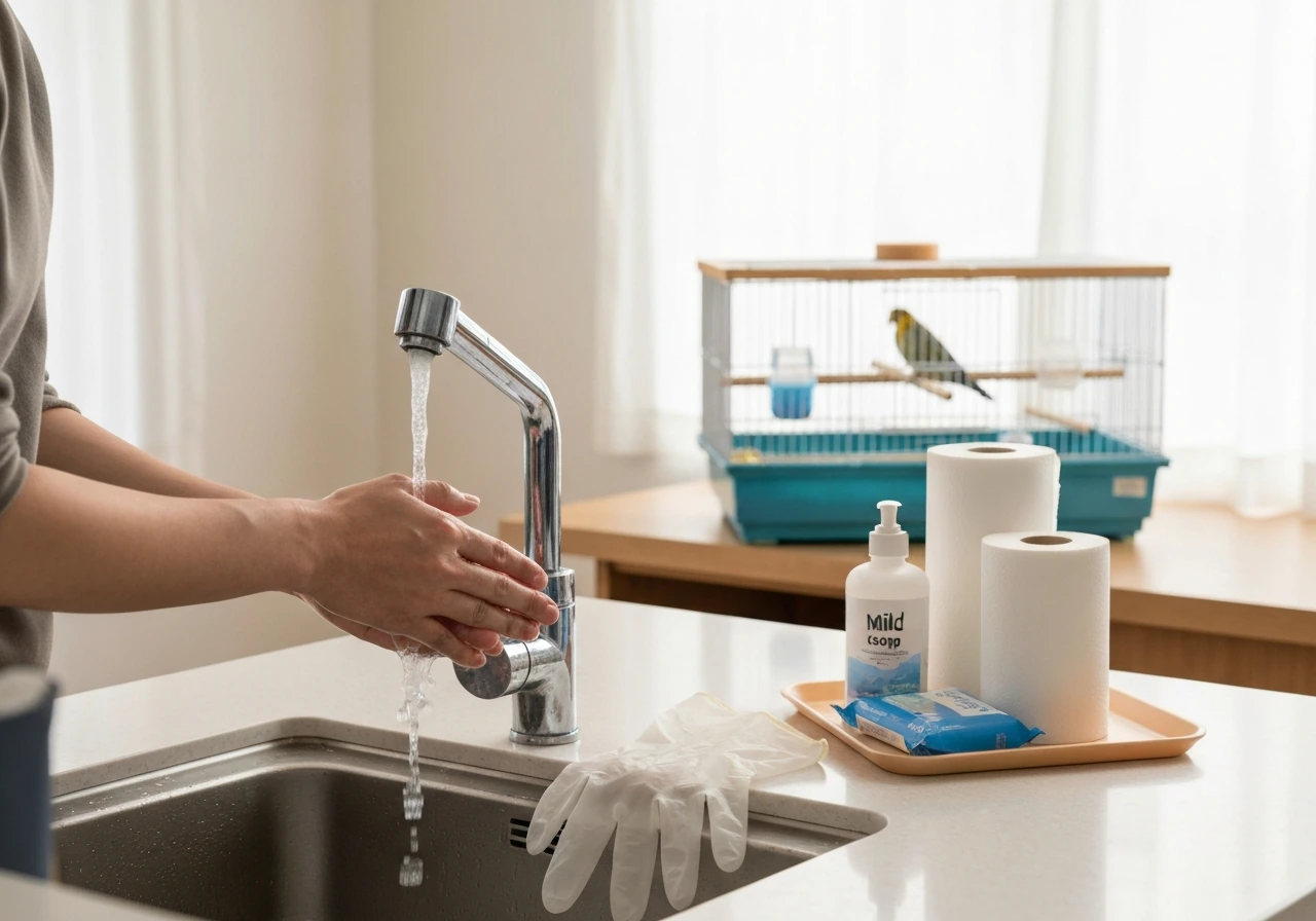 Hands washing at the sink with gloves and cleaning supplies prepped beside a pet bird cage in the background.