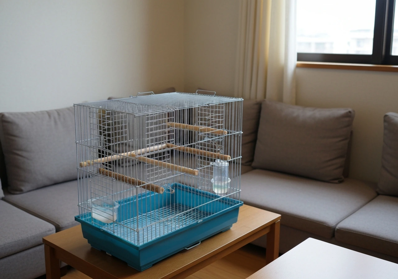 Small pet bird cage placed at proper height indoors with perches and calm seating nearby.
