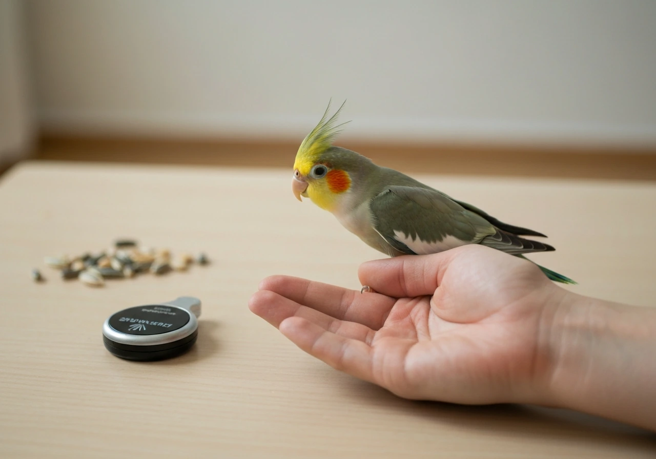 Close-up of a hand offering food while a small parrot steps toward a clicker on a calm table