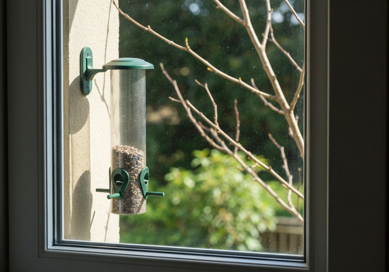 Small tube seed feeder visible through a window, shaded branch nearby, minimal scene for safe wild bird feeding.