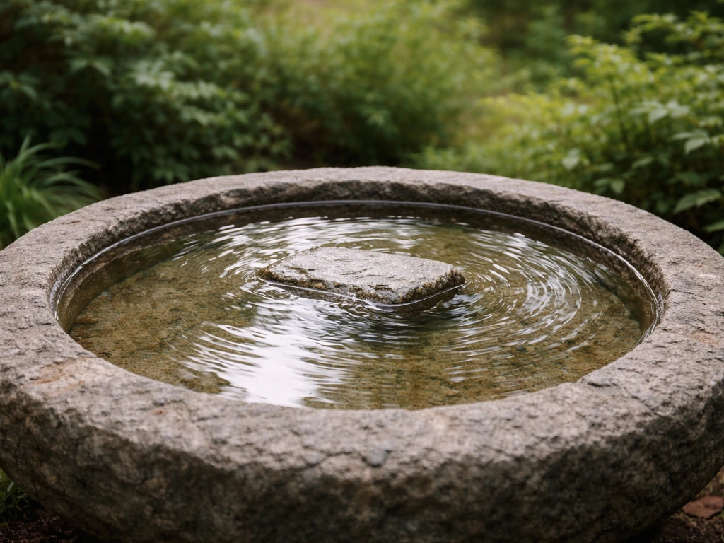 A clean shallow birdbath with a small landing area, surrounded by native plants and soft natural light.