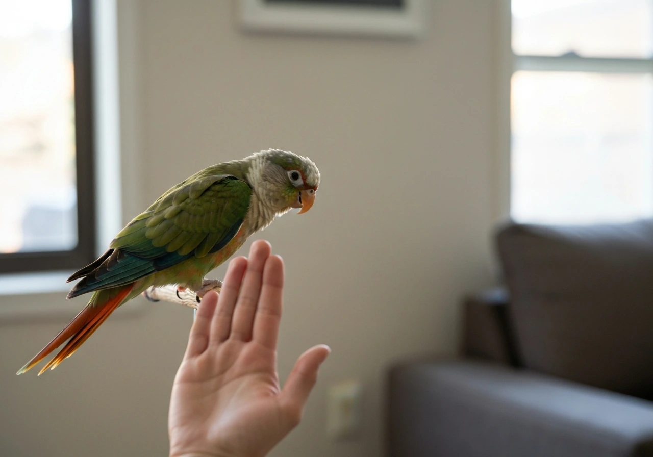 Small parrot perched indoors displaying pre-bite body language while a hand pauses nearby