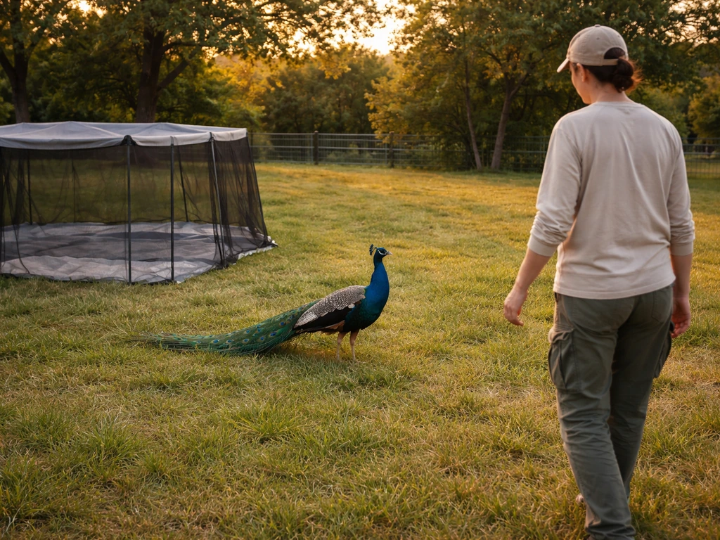 Calm peacock in a grassy yard with an anonymous caretaker and a visible humane containment net/pen nearby.