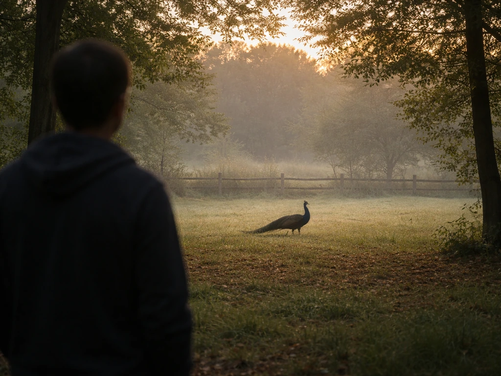 A distant peacock in a grassy yard with a still observer silhouette nearby, suggesting safe watching.