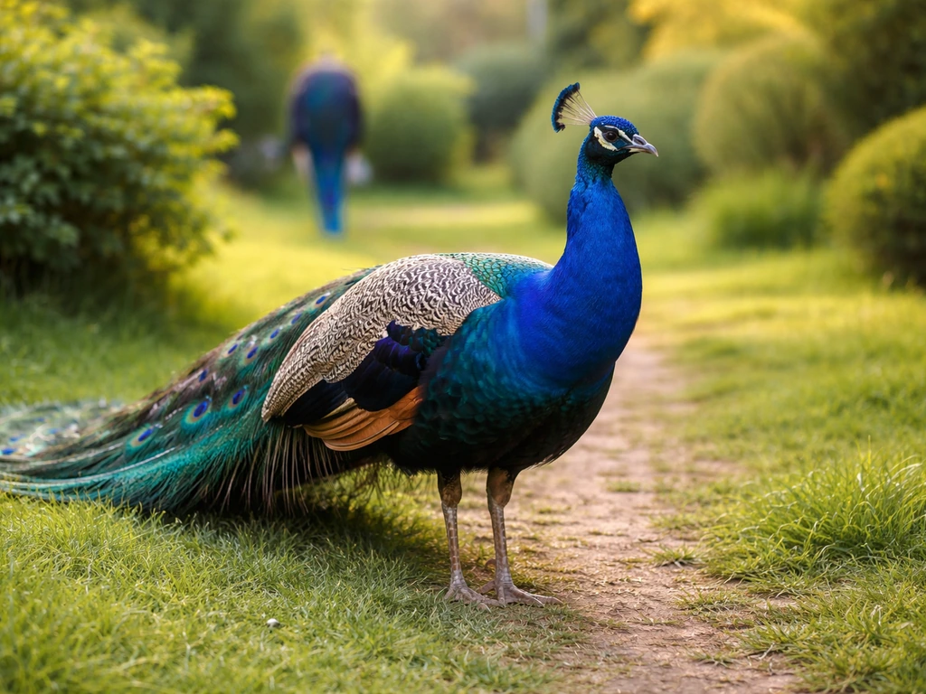 A calm peacock in grass with a slow, non-threatening approach from a distant blurred figure.